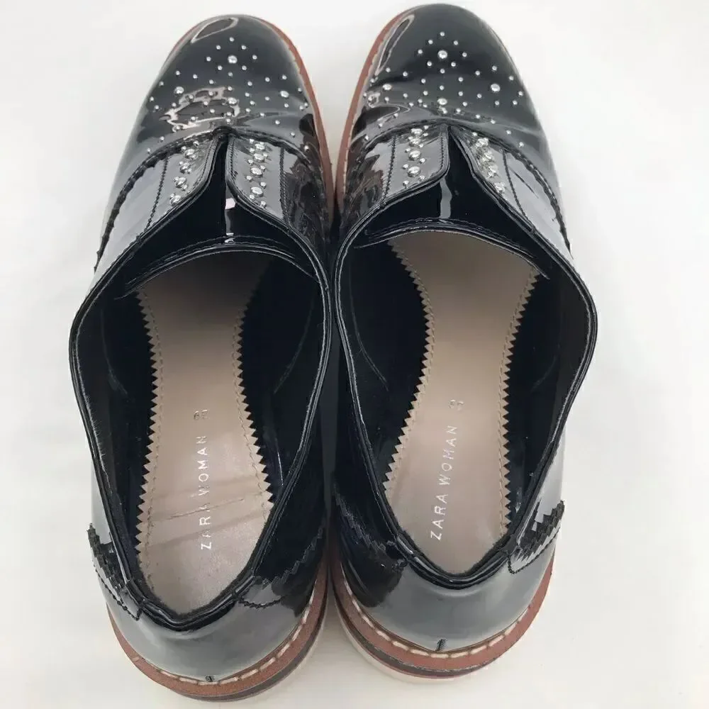Zara Woman Black Patent Leather Silver Studded Platform Oxford Sneakers